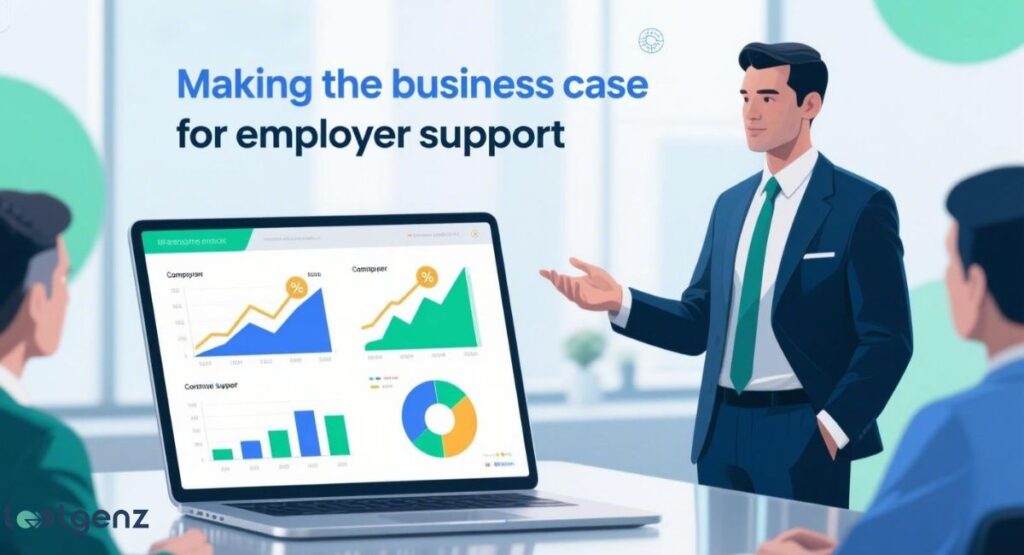 An illustrated business professional in a suit gestures toward a laptop screen displaying charts and graphs, while two other people look on. The title at the top says "Making the business case for employer support."
