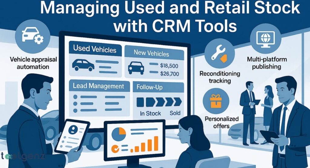 An illustration showing how CRM tools are used for managing vehicle stock. A male figure uses a tablet to interact with a large screen that displays "Used Vehicles" and "New Vehicles" stock data, alongside "Lead Management" and "Follow-Up" sections. Other icons represent "Vehicle appraisal automation," "Reconditioning tracking," "Multi-platform publishing," and "Personalized offers."