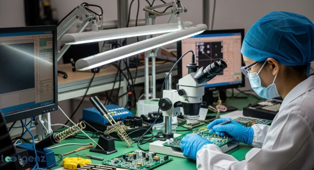 A person in a lab coat, face mask, and blue gloves is seated at a workbench in a lab, carefully inspecting a green circuit board with tweezers under a microscope. The table is cluttered with various tools and electronic components.