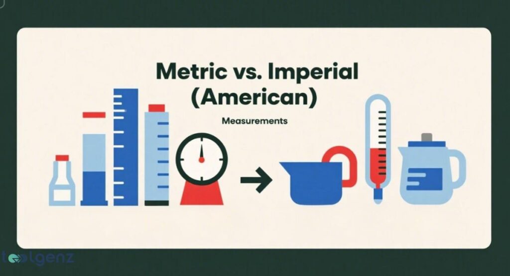 An infographic comparing metric and imperial (American) measurement systems. It features illustrations of various measurement tools like rulers, scales, and thermometers for each system.