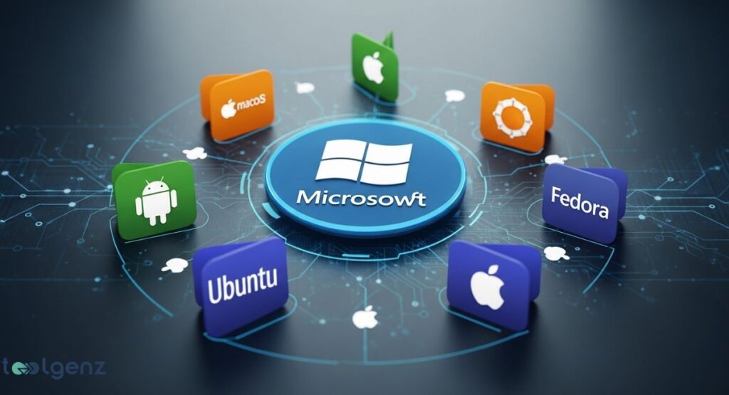 A central Microsoft Windows logo is surrounded by logos and icons for various other operating systems, including macOS, Android, Ubuntu, Fedora, and Apple, connected by a network of glowing blue lines.