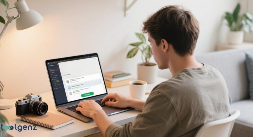A person is using a laptop with the Grammarly application open. The title is "My Experience with Grammarly: A Must-Have for Bloggers, Writers, and Programmers."
