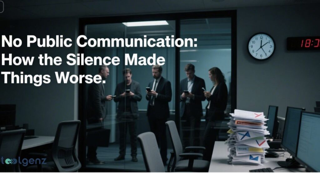 The image shows four professionals in business attire standing in an office, each looking at their phone, representing a lack of communication. The foreground features a desk with a large stack of papers and computer monitors.