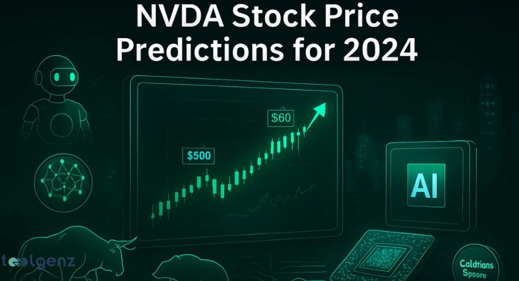 The image displays a large, green, upward-trending stock chart on a monitor, with key price points like "$500" and "$60" highlighted. The foreground includes a glowing chip with "AI" on it, a bull, a bear, and a robot icon, representing different aspects of the stock market and technology.