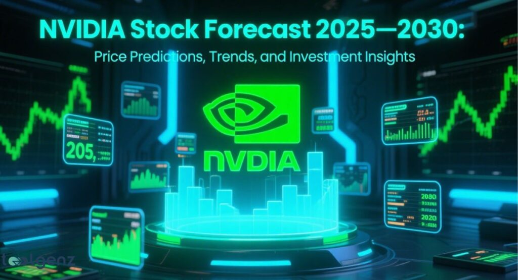 The central NVIDIA logo is surrounded by glowing digital screens displaying stock charts, graphs, and financial data with a blue and green color scheme. The title at the top is "NVIDIA Stock Forecast 2025–2030: Price Predictions, Trends, and Investment Insights."