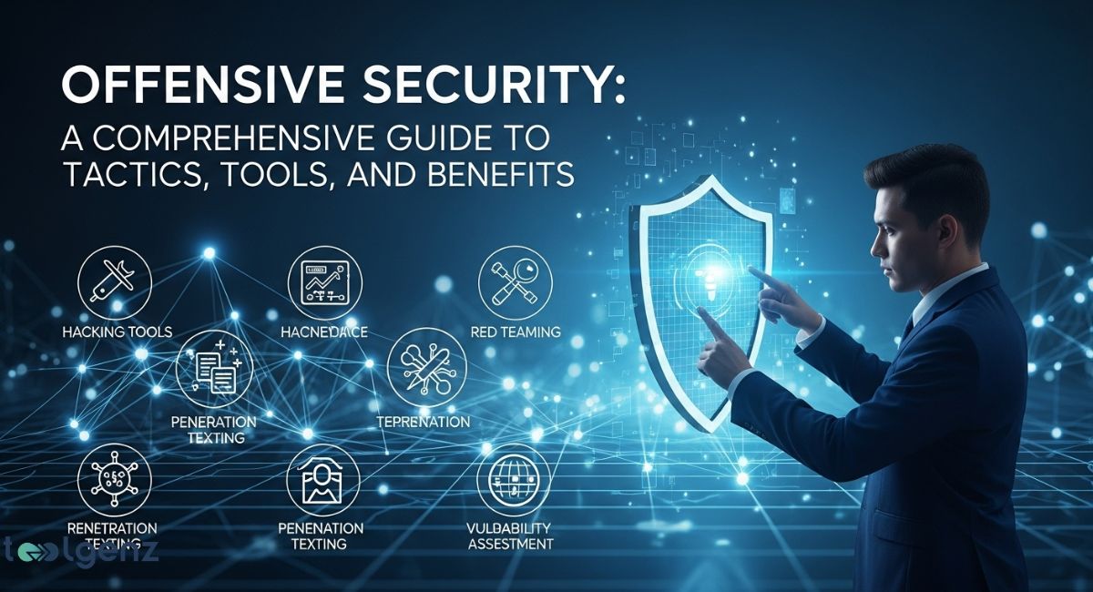 A man in a suit stands in front of a digital interface, interacting with a glowing shield icon. Around him, various circular icons connected by glowing lines represent offensive security tactics such as hacking tools, penetration testing, and vulnerability assessment. The title at the top is "Offensive Security: A Comprehensive Guide to Tactics, Tools, and Benefits."