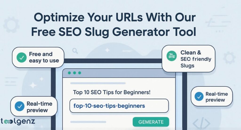 "Optimize Your URLs with Our Free SEO Slug Generator Tool." It shows a browser window with a blog post title and a generated SEO-friendly slug. The image highlights the tool's key features, including "Free and easy to use," "Clean & SEO friendly Slugs," and "Real-time preview," each accompanied by a checkmark icon.
