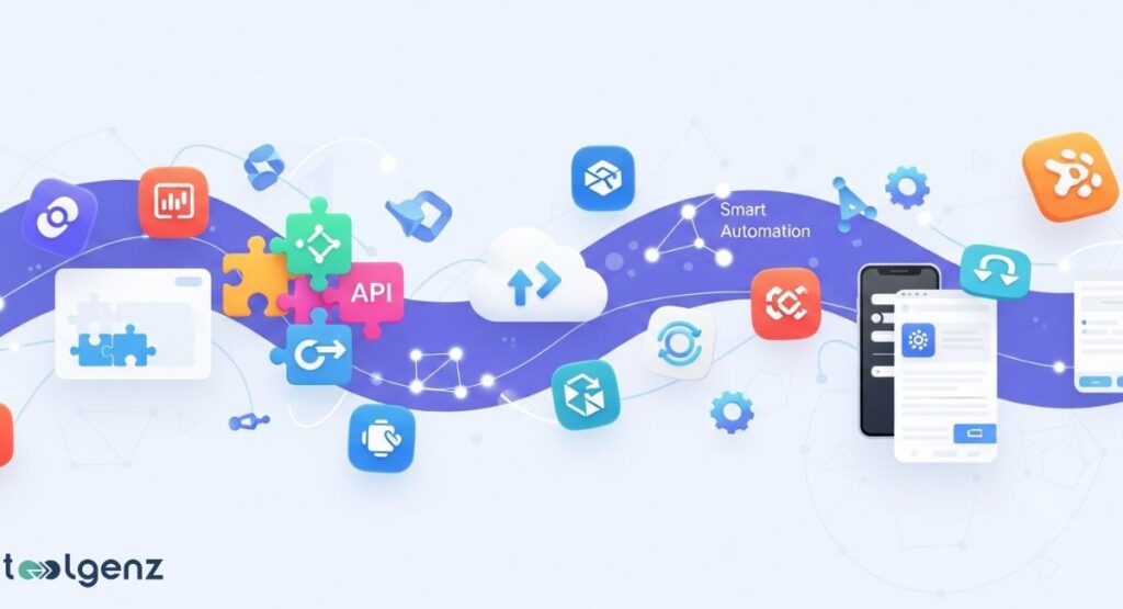 An illustration of a network of software applications and devices connected by puzzle pieces, an API icon, a cloud, and glowing lines. Icons for social media, charts, and smart automation are included, representing integrations and extended functionalities.