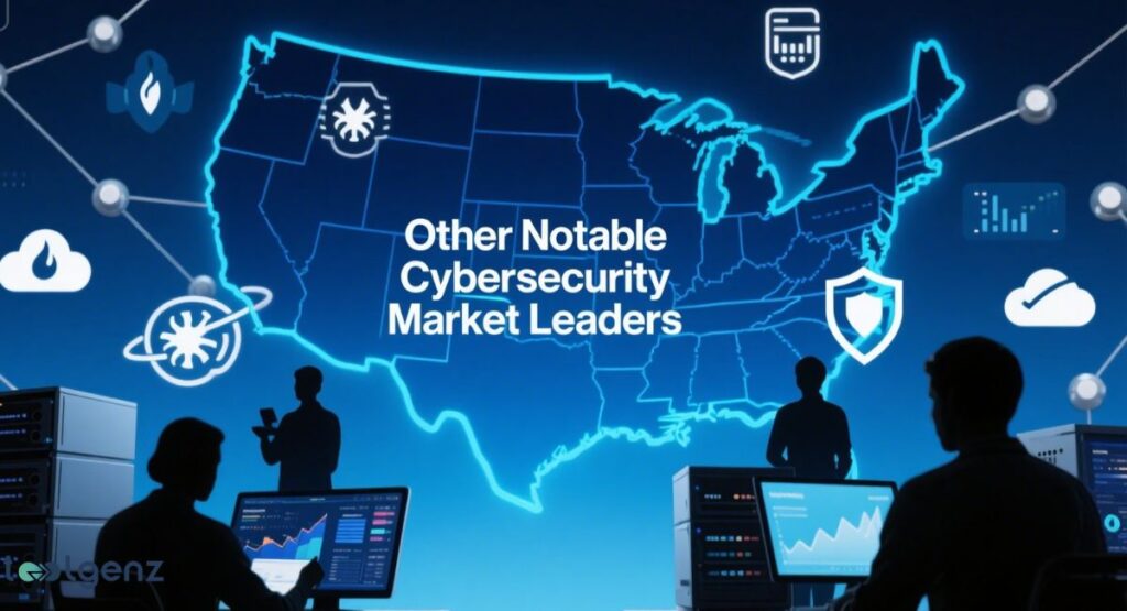 "Other Notable Cybersecurity Market Leaders." The image displays a glowing blue outline of the United States, surrounded by various cybersecurity icons. In the foreground, two silhouetted figures are working at computers, with screens showing graphs and data. The background is filled with digital lines and icons, including a cloud, a shield, and a server.
