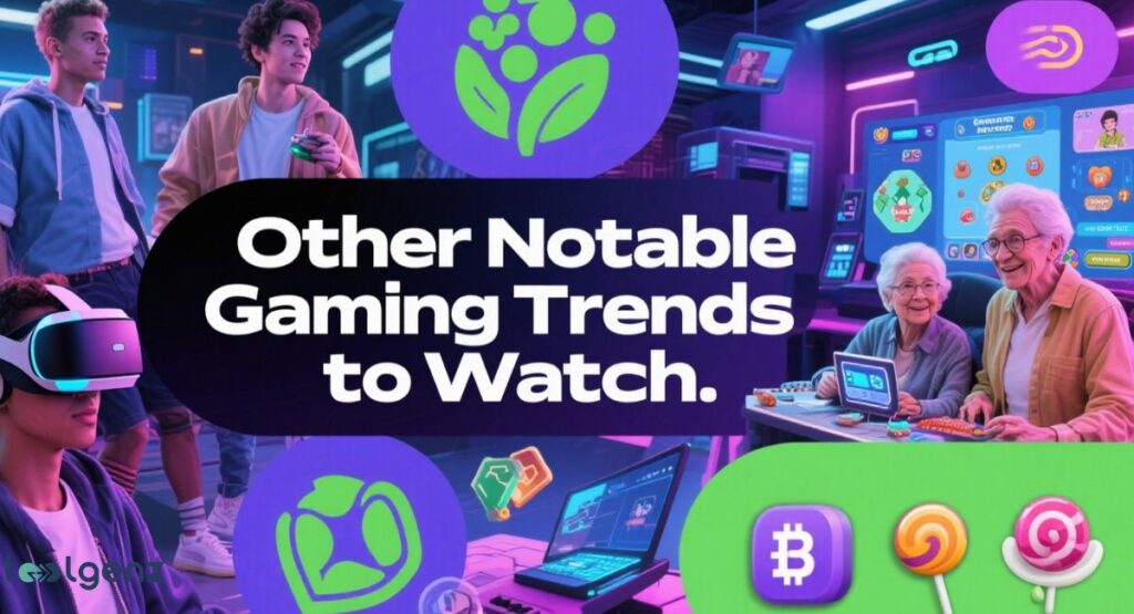 The top left shows young men in a gaming room. The top right shows older women playing games on computers. The bottom central image displays a laptop with game icons, including Bitcoin and candy symbols, suggesting blockchain gaming and in-game purchases.
