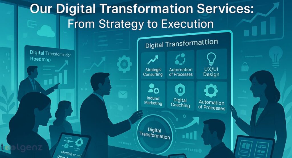 A digital infographic showcasing "Our Digital Transformation Services: From Strategy to Execution." A central grid highlights services like "Strategic Consulting," "Automation of Processes," "UX/UI Design," "Inbound Marketing," and "Digital Coaching." Business professionals are shown interacting with these concepts and with a "Digital Transformation Roadmap" on a separate screen.