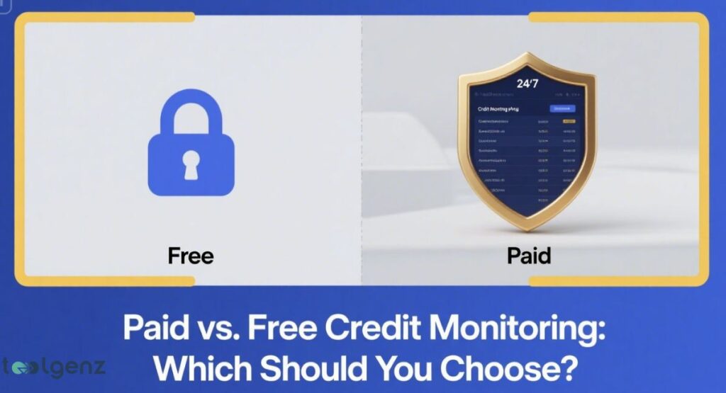 "Paid vs. Free Credit Monitoring: Which Should You Choose?". The image is split into two sections by a horizontal yellow border. The top section compares "Free" and "Paid" services. The "Free" side shows a large blue padlock icon, while the "Paid" side shows a gold shield with a document and the text "24/7 Credit Monitoring Ping." The background shows blurred data screens, representing the monitoring of credit information.