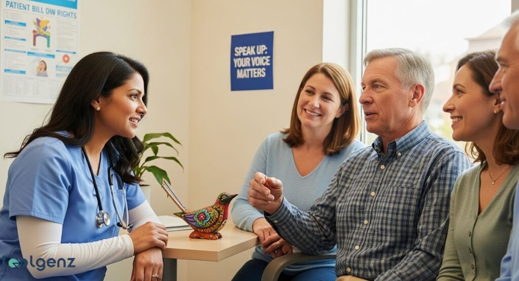 A diverse group of people, including a female healthcare professional, are seated around a table in a bright clinic setting, engaging in a discussion. A sign on the wall behind them reads "SPEAK UP: YOUR VOICE MATTERS."