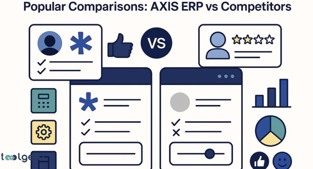 It shows a "VS" icon between two comparison tables, along with various icons like user profiles, a thumbs-up, star ratings, and charts.