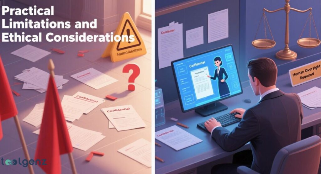A split-screen graphic contrasting the limitations and ethical concerns of AI in a legal context. On the left, a cluttered floor with papers labeled "Confidential" and red flags around a yellow warning sign for "Human Limitations" and a large question mark. On the right, a person is at a desk using a computer with a "Confidential" document on screen, a scale of justice in the background, and a sign that says "Human Oversight Required." The title at the top is "Practical Limitations and Ethical Considerations.