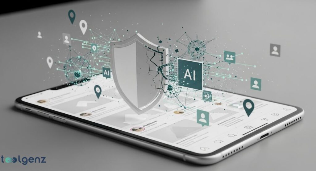 A smartphone with a glowing, cracked shield over it. A network of lines, nodes, and icons, including a large AI icon, connect to the phone, suggesting a data transfer or tracking process. The image illustrates data privacy concerns regarding social media and artificial intelligence.