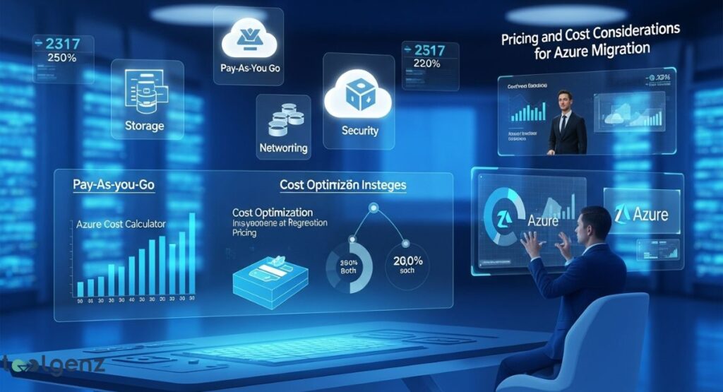 A complex, futuristic illustration showing a professional interacting with a holographic display that visualizes Azure migration pricing and cost optimization. The screens display an "Azure Cost Calculator" bar chart, a "Cost Optimization" workflow, and a "Pay-As-You-Go" icon. The title at the top is "Pricing and Cost Considerations for Azure Migration."