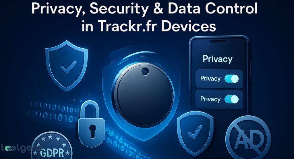 It features a central circular tracking device surrounded by various icons representing security, privacy settings on a smartphone, GDPR compliance, and anti-advertising.