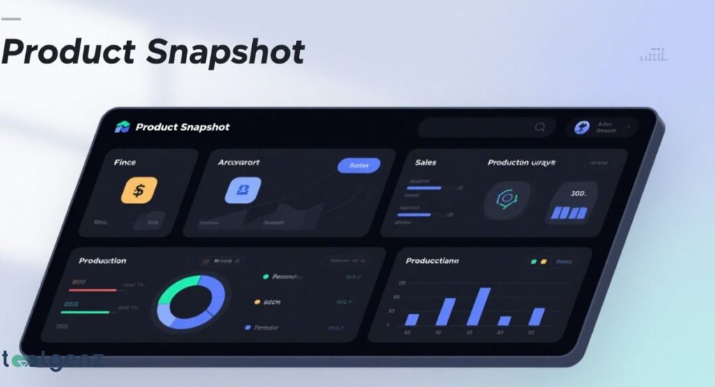 A close-up view of a tablet screen displaying a dashboard for a product or service. The dashboard shows various charts and data visualizations related to "Finance," "Sales," and "Production."