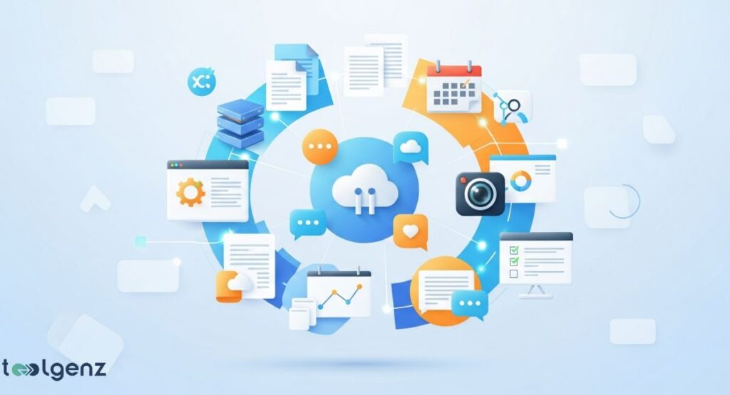 A visual representation of a cloud-based digital ecosystem for productivity and collaboration. The central cloud icon is surrounded by various tool icons, including documents, a calendar, a video camera, chat bubbles, and charts.