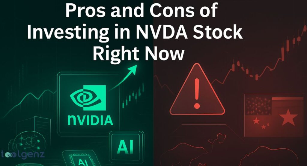 The left side, representing "pros," is green and features the NVIDIA logo, an upward-trending graph, and a circuit board. The right side, representing "cons," is red and shows a large warning triangle, a bear, a Chinese flag, and a Russian flag.