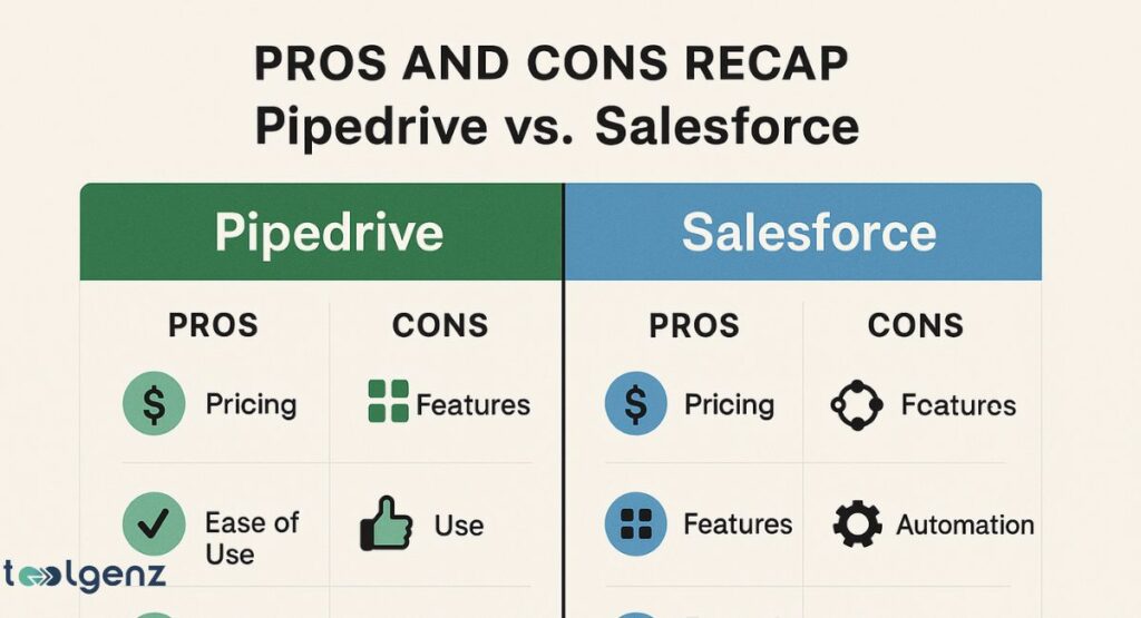 A visual table comparing the pros and cons of Pipedrive and Salesforce CRM software. Pipedrive's pros are pricing and ease of use, with a con being its features. Salesforce's pros are pricing and features, with cons including features and automation.