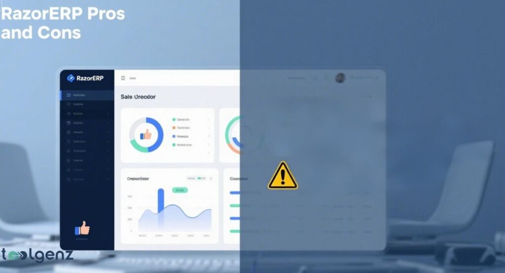 "RazorERP Pros and Cons." The image is split in the middle, with a light blue side on the left representing "Pros" and a dark, shaded gray side on the right representing "Cons." The left side shows a computer screen with a positive thumbs-up icon, while the right side shows a laptop with a yellow warning triangle icon.