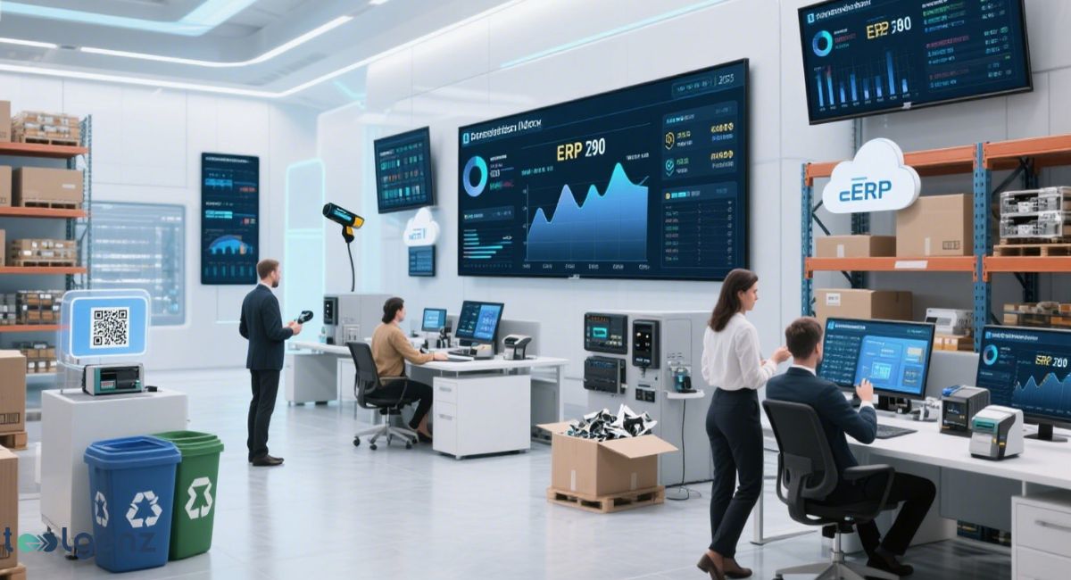 The image shows a modern, automated warehouse or office space. People are working on computers with multiple screens displaying graphs and data visualizations. A large central screen shows a graph for "ERP 290," while another screen displays "cERP" with a cloud icon. Automated warehouse racks and a QR code scanner are also visible.