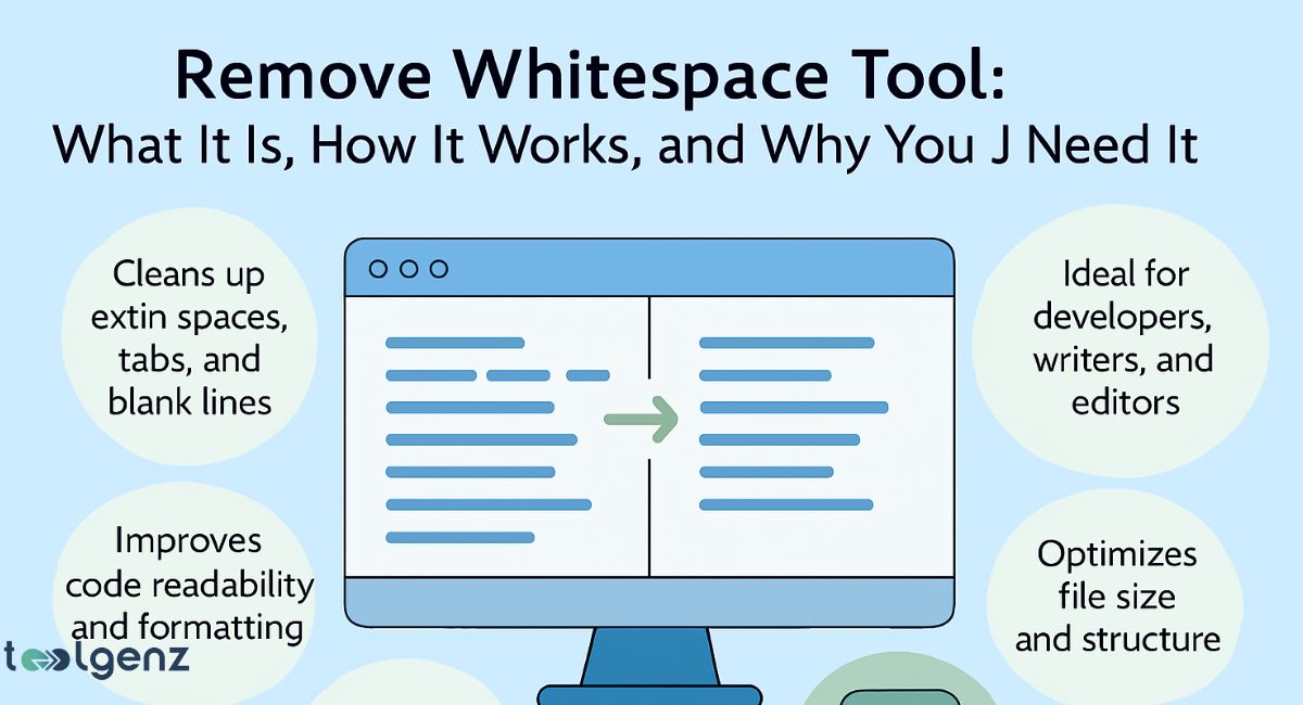 "Remove Whitespace Tool: What It Is, How It Works, and Why You Need It." The image shows a computer screen with a text file, demonstrating how the tool removes extra spaces and tabs. It highlights key benefits, such as cleaning up extra spaces and blank lines, improving code readability, optimizing file size, and being ideal for developers, writers, and editors.