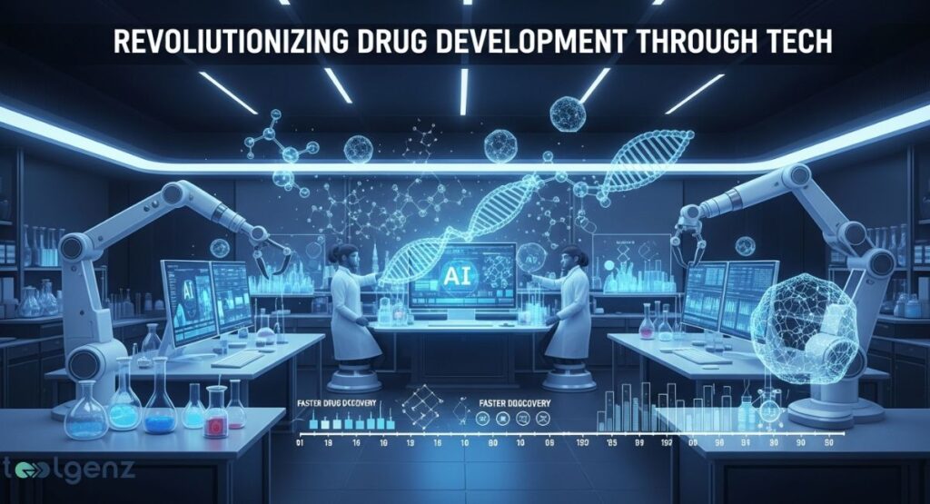 Two medical professionals are in a futuristic laboratory, surrounded by robotic arms and holographic screens. The screens display a DNA helix, molecular structures, and an "AI" logo, symbolizing technology's role in drug development.