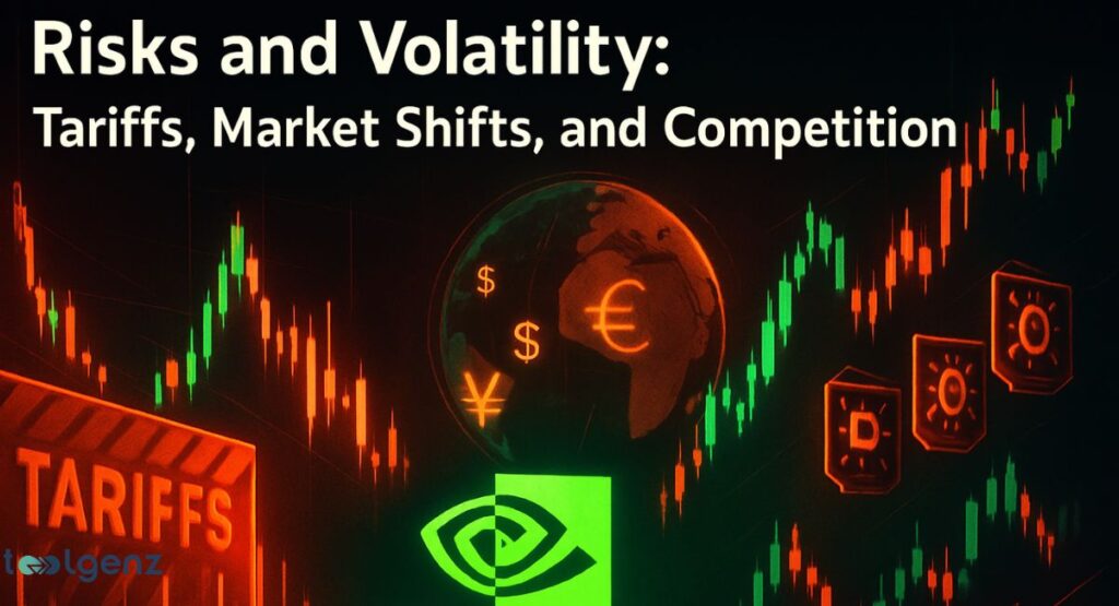 A dark, dynamic graphic illustrating "Risks and Volatility: Tariffs, Market Shifts, and Competition" in the context of global finance, with a central glowing Earth displaying currency symbols. It features candlestick charts, a "Tariffs" sign, and digital icons representing market forces, all in a red and green color scheme. The NVIDIA logo is at the bottom.