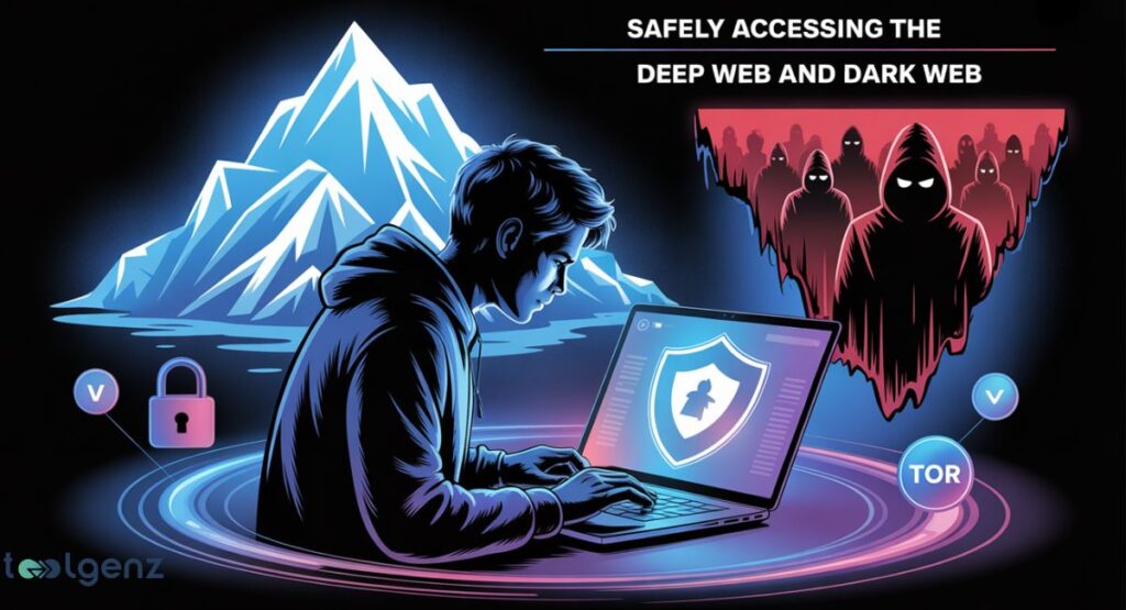 A dark, stylized illustration of a person in a hoodie using a laptop with a glowing shield icon on the screen. Behind the person is a mountain range, a lock icon, and a circular "TOR" symbol. In the upper right corner, a menacing group of hooded figures with glowing red eyes is depicted.