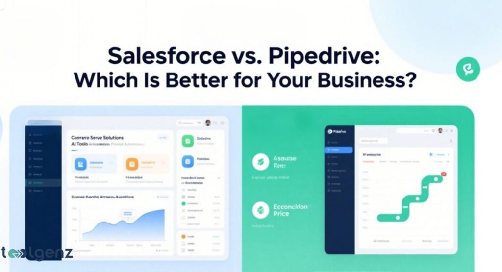A visual comparison of two CRM platforms, Salesforce and Pipedrive, on a split screen. The left side displays a Salesforce-like dashboard with charts and a graph, while the right side shows a Pipedrive-like sales pipeline visualization. The title at the top is "Salesforce vs. Pipedrive: Which Is Better for Your Business?"