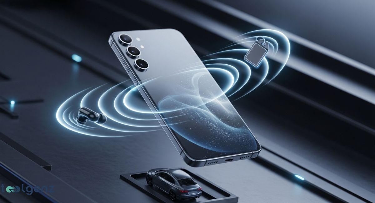 A floating Samsung Galaxy S24 FE phone is surrounded by glowing, wavy signals representing Ultra-Wideband (UWB) technology. A small key tag, a wireless earbud, and a toy car are also shown. The title at the top is "Samsung Galaxy S24 FE and UWB: Everything You Need to Know About Ultra-Wideband Support."