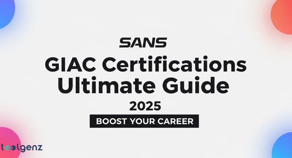 A bold white title "SANS GIAC Certifications Ultimate Guide 2025" with a subtitle "BOOST YOUR CAREER" in a black box, all set against a white background with colorful, blurred circular shapes in the corners.