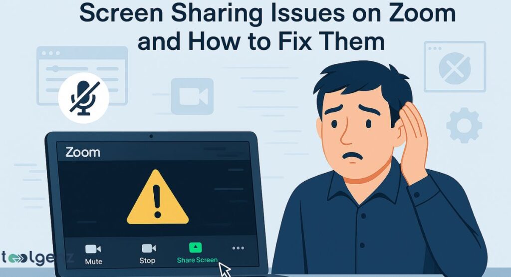 An illustration of a worried man looking at a laptop with a Zoom call displaying a warning icon, next to a 'Share Screen' button. The title is "Screen Sharing Issues on Zoom and How to Fix Them." Floating icons for a muted microphone and a video camera are also visible.
