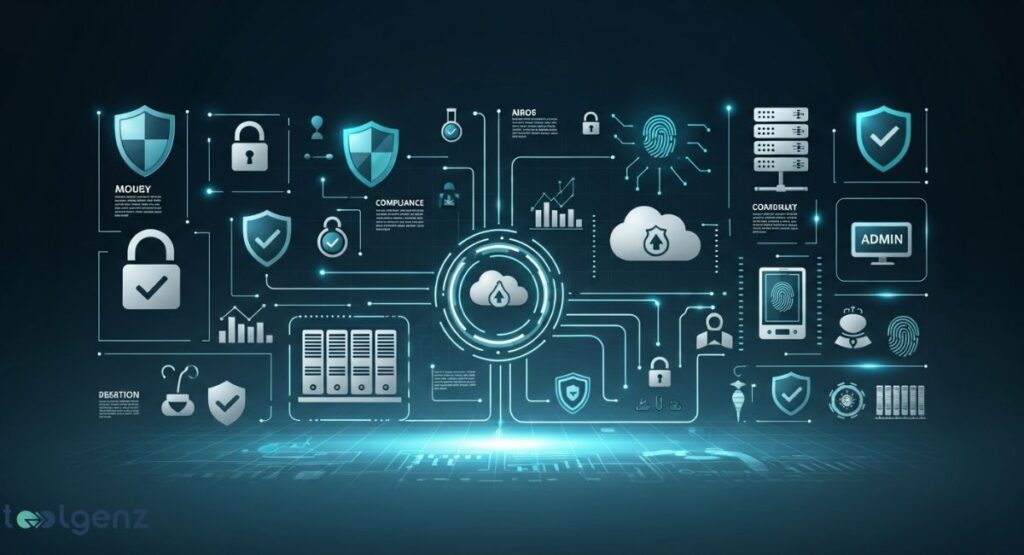 A complex digital infographic on a dark blue background, displaying various cybersecurity and data management icons connected by glowing blue lines. Icons include shields, locks, cloud storage, servers, admin panels, and fingerprint scanners, all representing security, compliance, and administrative controls.
