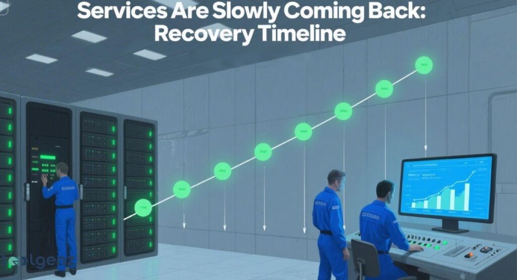 The image shows a server room with a timeline of green circular icons rising on a diagonal line, representing a recovery process. Two technicians in blue uniforms are working, one on a computer and the other checking server racks, to restore the systems.