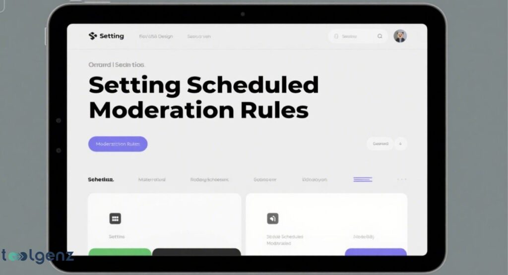 A close-up view of a tablet screen displaying a clean, white interface with the title "Setting Scheduled Moderation Rules." The screen shows a "Moderation Rules" button and a grid of cards, with three cards visible at the bottom.