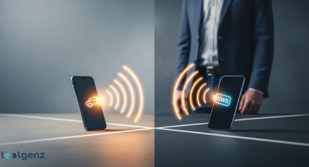 A side-by-side comparison of two smartphones and their Ultra-Wideband (UWB) capabilities. On the left, a phone with a car icon emits orange signals, and on the right, a phone with a UWB icon also emits orange signals, representing different UWB applications.