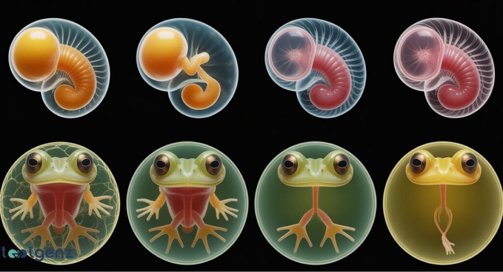 A side-by-side comparison of two rows of illustrations showing amphibian embryonic development. The top row shows four stages of a developing gastrula, a larval form with internal organs forming. The bottom row shows four stages of a frog embryo or tadpole, with its external features becoming more defined.