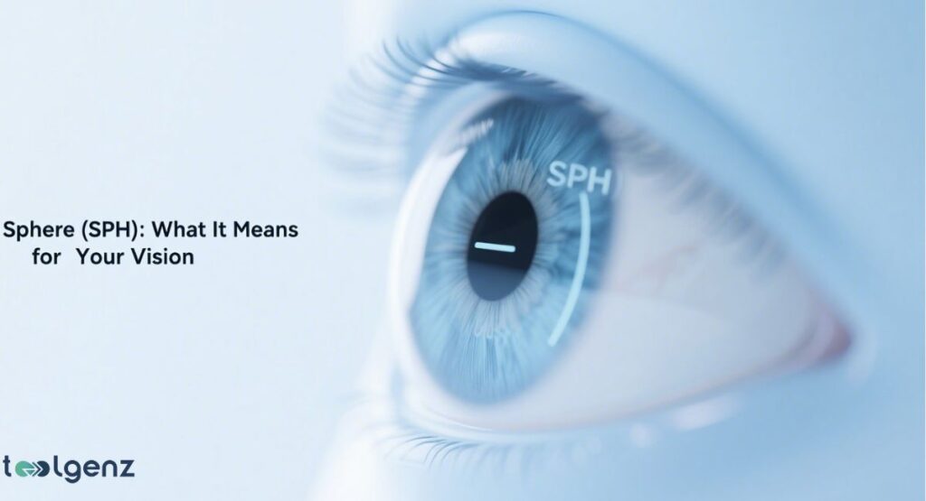 The image shows a close-up of a blue eye with an overlay of a glowing horizontal line and the label "SPH," visually explaining the concept of spherical correction.