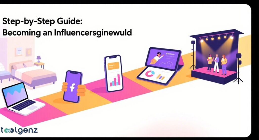 The steps are represented by a laptop in a bedroom, a smartphone with a social media 'f' logo, a smartphone and a tablet with charts, and a stage with three people. The title is "Step-by-Step Guide: Becoming an Influencersginewuld."
