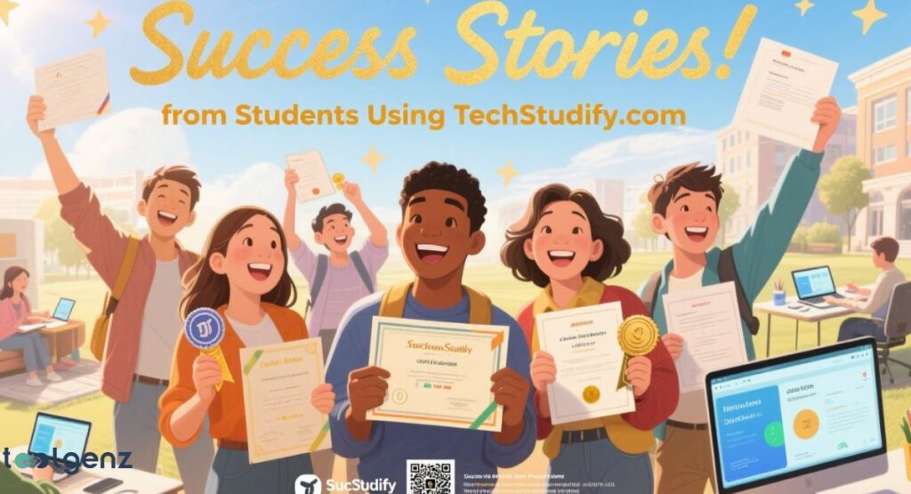 An illustration of a diverse group of happy students holding up certificates and awards. The title of the image is "Success Stories! from Students Using TechStudify.com."