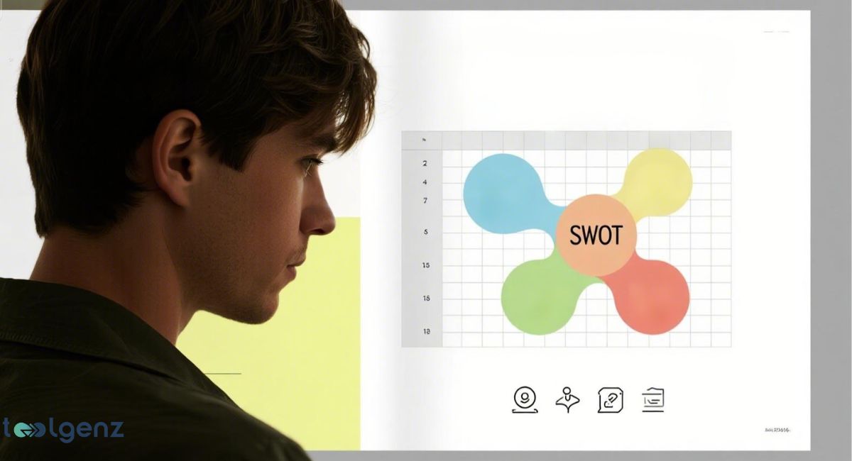 A side profile shot of a young man looking at a digital screen displaying a colorful SWOT analysis diagram. The diagram shows four interconnected bubbles in blue, yellow, green, and orange, with the word "SWOT" in the center. The title at the top is "SWOT Analysis: Definition, Benefits, Examples, and Complete Guide for Businesses in 2025.