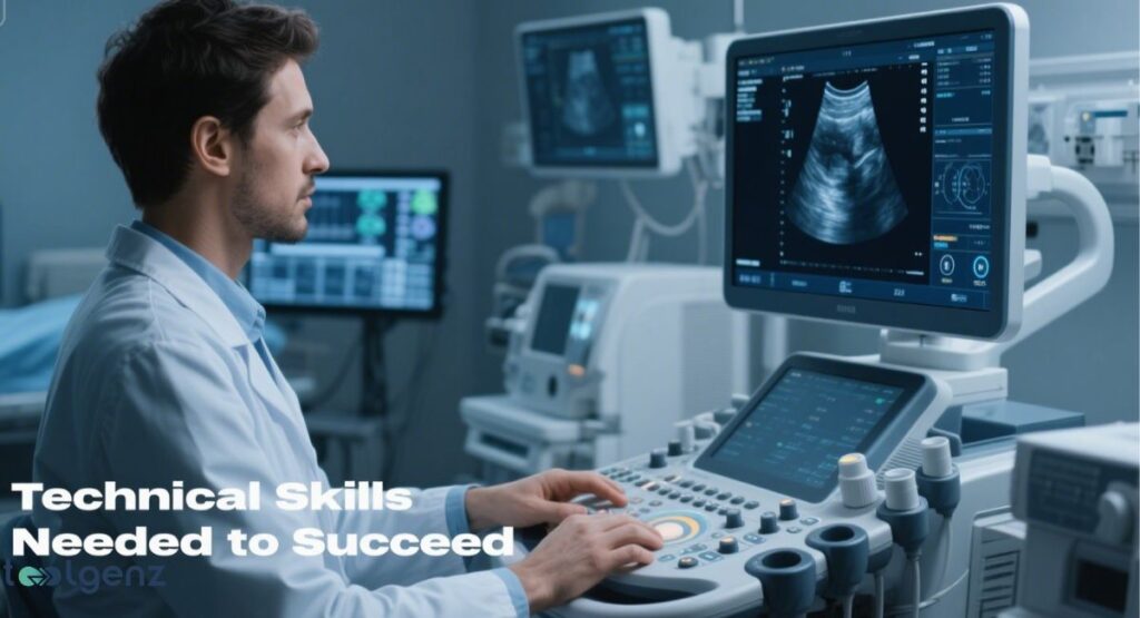 A medical professional, a man in a white lab coat, is operating an ultrasound machine in a hospital setting. The title of the image is "Technical Skills Needed to Succeed."
