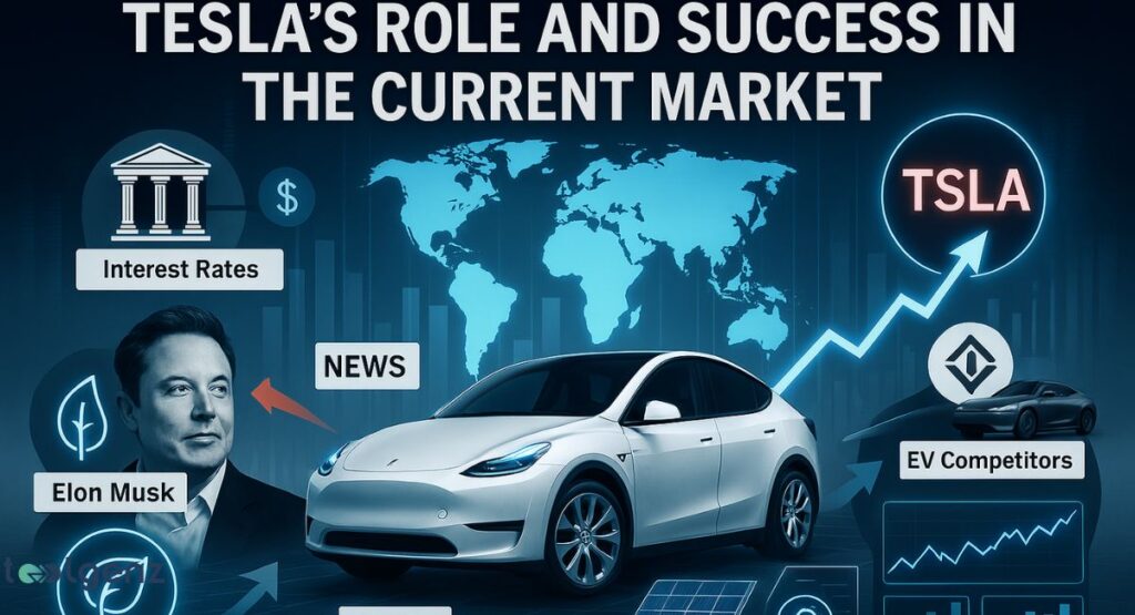 "Tesla's Role and Success in the Current Market." It features a world map, a white Tesla car, a picture of Elon Musk, and icons for "Interest Rates," "News," and "EV Competitors," all pointing towards a rising line graph for "TSLA" stock.