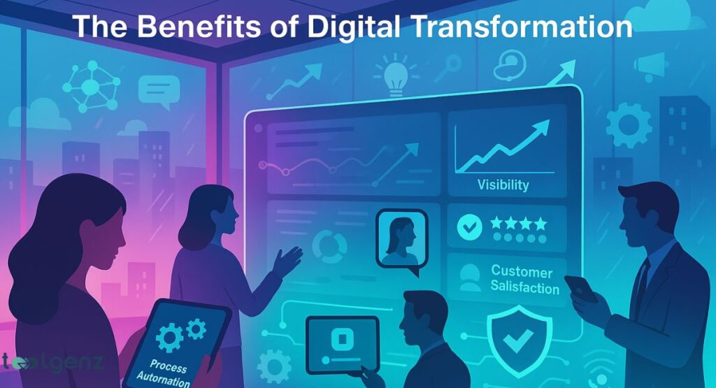 A group of business professionals in a modern, blue-hued setting are interacting with a large digital screen displaying benefits of digital transformation. The screen shows icons and graphs for "Visibility," "Customer Satisfaction" with a five-star rating, and "Process Automation" with a gear icon. Holographic icons of a lightbulb, chat bubbles, and a gear are floating around them.