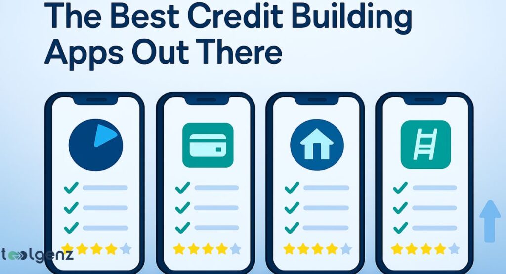 "The Best Credit Building Apps Out There." The image displays four smartphones, each showcasing a different credit-building app interface with an icon, four checkmarks, and a four-star rating. An upward-pointing arrow on the right side of the image symbolizes credit score improvement.