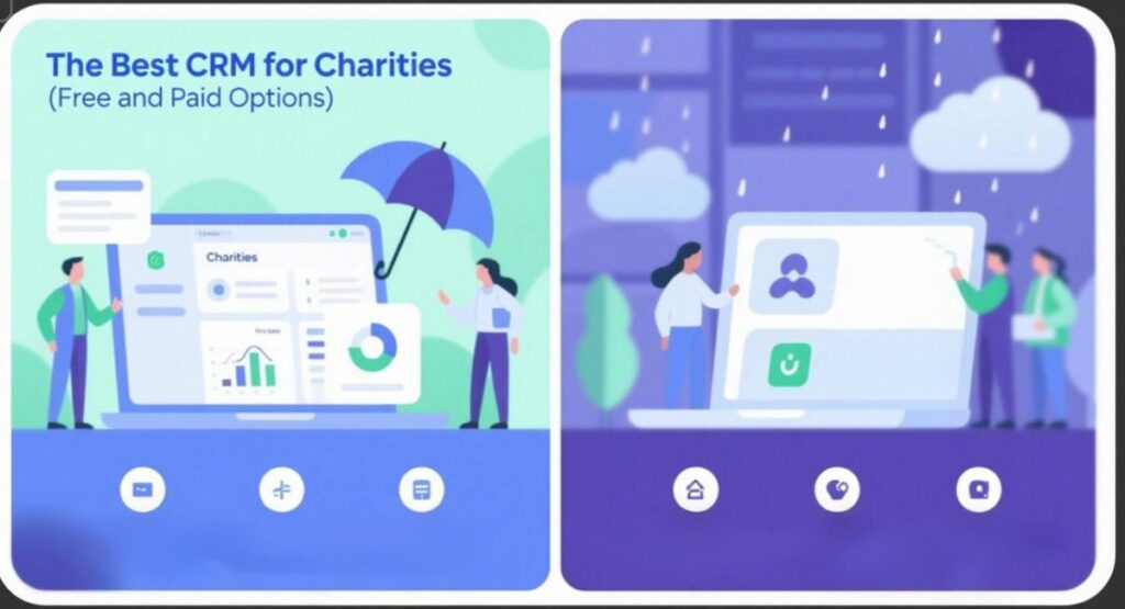 "The Best CRM for Charities (Free and Paid Options)." On the left, a sunny scene shows people interacting with a laptop that displays a clean, organized CRM dashboard under a large umbrella. On the right, a rainy scene shows people interacting with another laptop that displays a basic, less-organized interface.